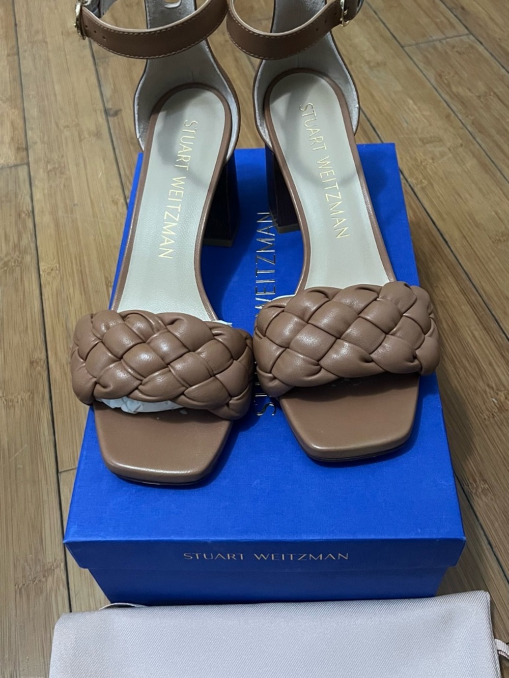 Stuart Weitzman Braided Brown Leather Block Heel Sandals